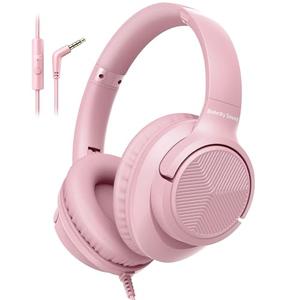 Botesty Sound Wired Headphones with Microphone, Over Ear 3.5mm Plug in Headphones with 4.9ft Tangle-Free Nylon Cord for Tablet, Laptop, MP3/4, School, Airplane Travel (Pink)