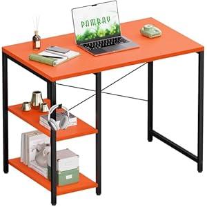 Pamray 32 Inch Small Computer Desk with Shelves, Home Office Desk with Headphone Hook for Bedroom, Study Writing PC Table for Small Spaces, Orange