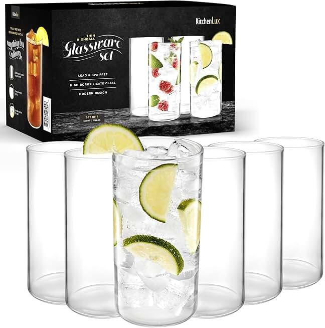 Kitchen Lux Thin Round Drinking Glasses Set of 6-19 oz Tall Water Glasses - Highball Glass Cups Set - Elegant Drinkware - Deluxe Glassware Sets for Sparkling Cocktails, Wine, Beer, Whiskey, Dinner