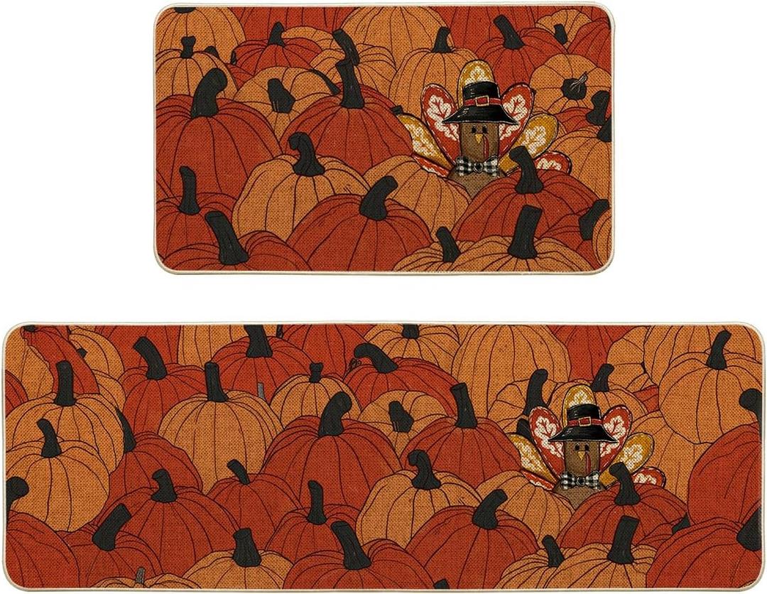 Artoid Mode Turkey Pumpkins Thanksgiving Kitchen Mats Set of 2, Home Decor Low-Profile Kitchen Rugs for Floor - 17x29 and 17x47 Inch
