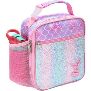 Bagseri Lunch Bag for Girls - Kids Lunch Box Reusable Leak-Proof and Insulated Kids Lunch Bag With Water Bottle Holder Toddler Girls Lunch Box for Daycare and School, Glitter Pink Mermaid