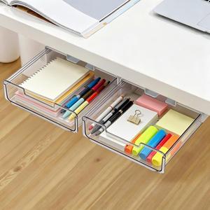 Under Desk Storage Drawers Large Self-Adhesive Easy Hidden Desktop Organizer, Attachable Clear Acrylic Storage Tray Under Table Drawer for Home Office School Counters Workstation, 2 Pack