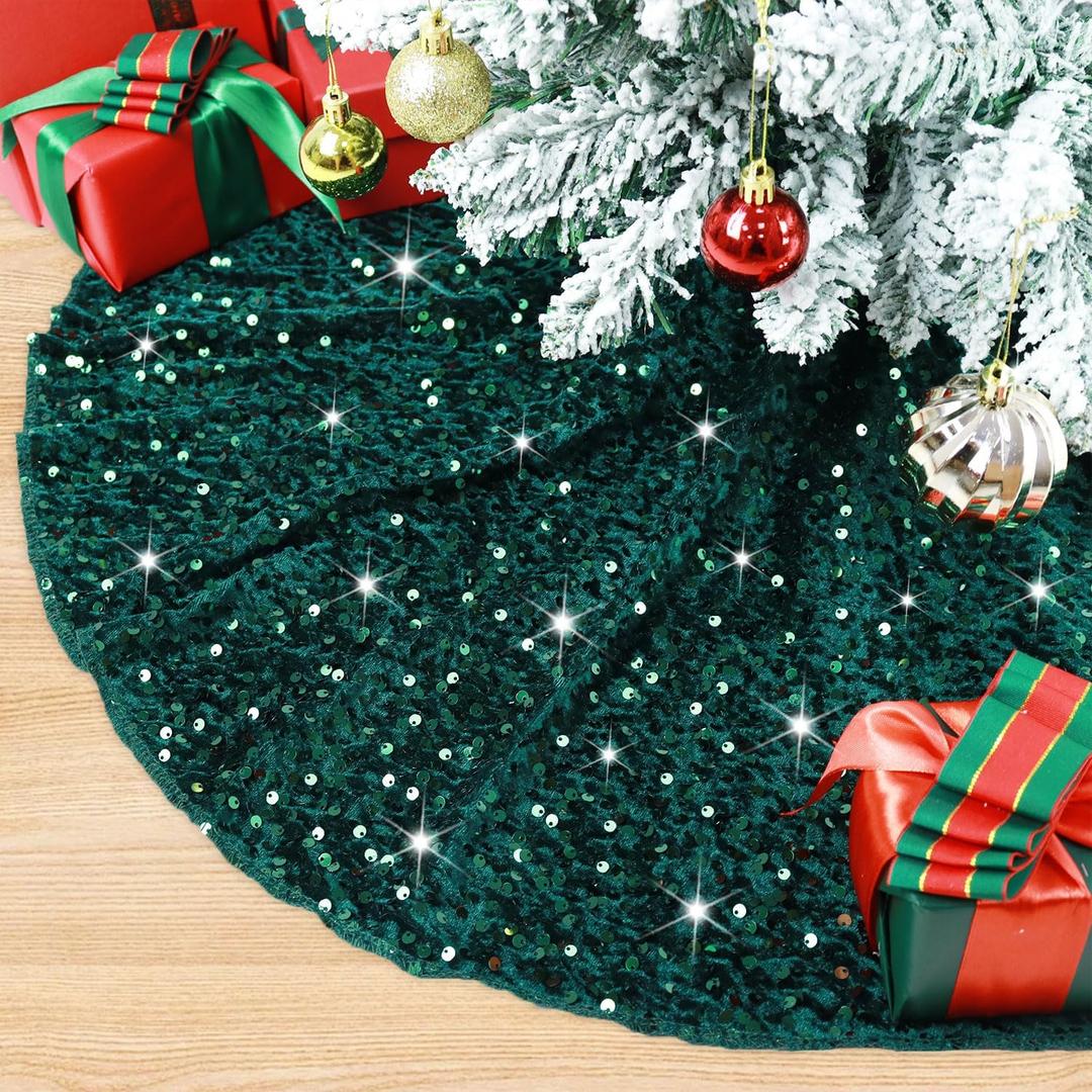 BSHSPX Green Christmas Tree Skirt 21 Inch Embroidered Sequin Tree Skirt Soft Velvet Tree Rug Skirt Small Tree Skirts for Slim Trees Xmas Tree Skirt Basket for Emerald Green Christmas Tree Ornaments