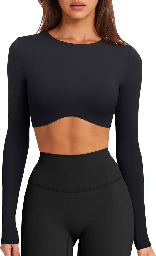 LASLULU Womens Sexy Double Lined Long Sleeve Shirts Crewneck Workout Tops Athletic Yoga Shirts Going Out Crop Tops (Medium, Black)