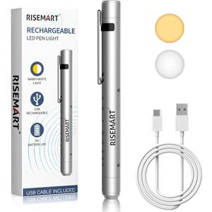 RISEMART Rechargeable Pen Light for Nurse, Rechargeable LED Portable Medical PenLight for Nurse, Doctor, First Aid, EMT, Nursing,Nursing Student,Warm/Cool White Silver1