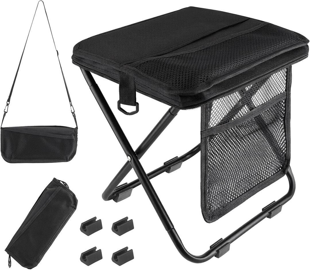 Portable Folding Stool With Dual Storage Pockets And Side Pockets Compact Adult-Sized Portable Stool, Ideal For Camping, Hiking, Outdoor Activities And Events Maximum Weight Capacity 280 lbs (Black)