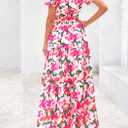 PRETTYGARDEN Women's 2026 Summer Boho Maxi Dresses Floral Short Sleeve V Neck A Line Tiered Flowy Long Beach Vacation Dress (Pink, XXL)