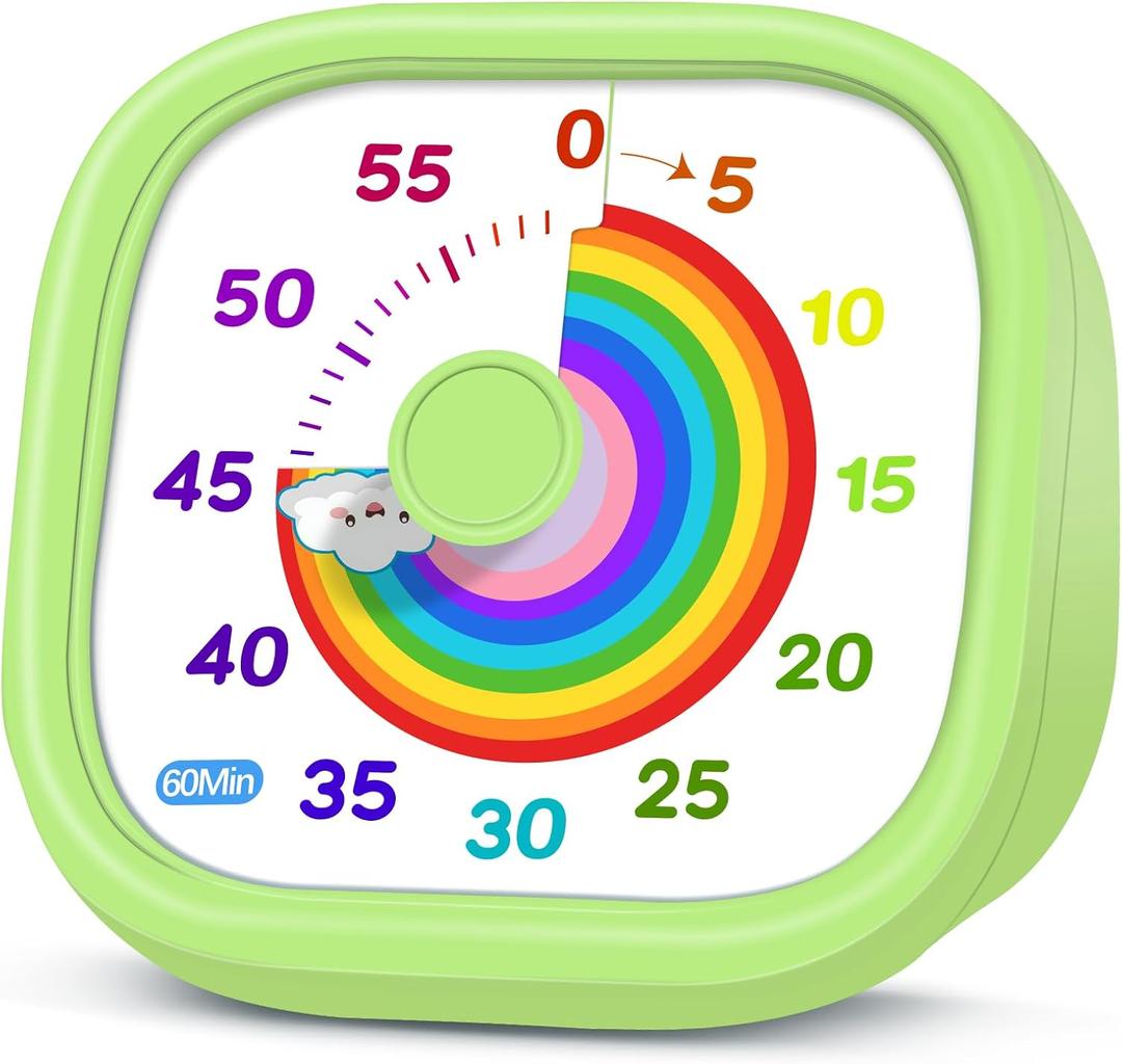 HIPPIH Visual Timer for Kids - 60 Minute Pomodoro Timers for Classroom Kitchen Office, Countdown Kids Timer Clock with Rainbow Disk, Desk Time Management Tool for Toddler with Silent Operation, Green