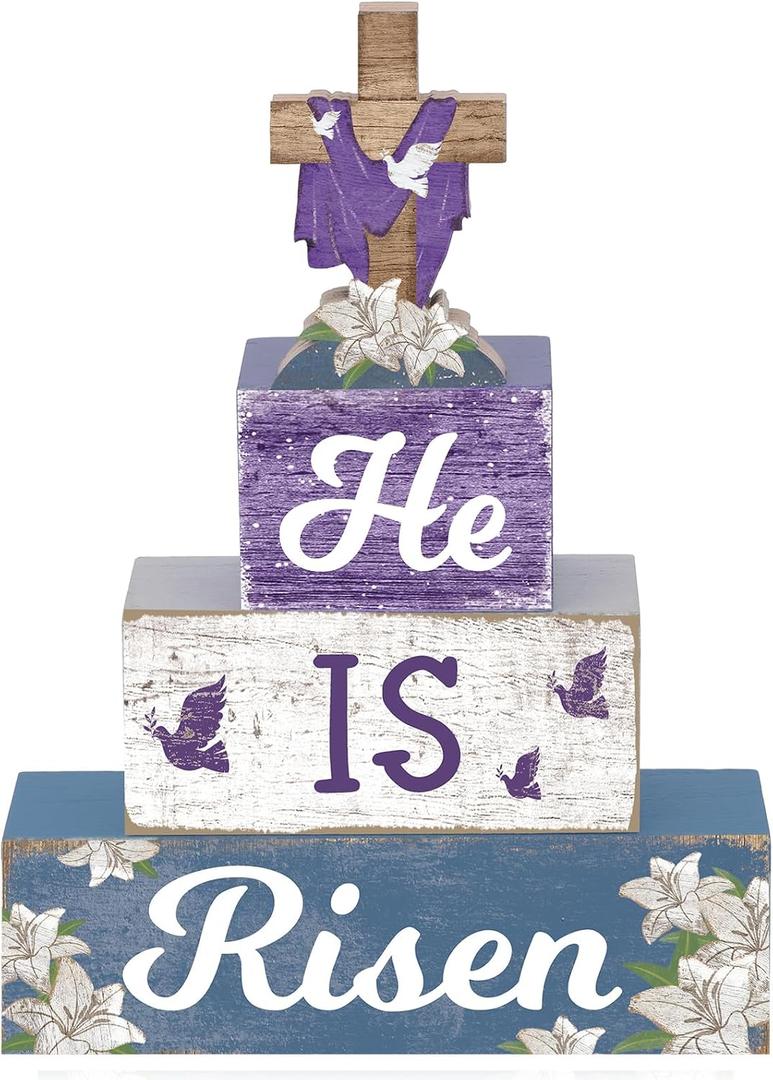 4 Pcs Easter Table Decorations He Is Risen Wooden Table Sign Religious Wood Centerpiece Easter Cross Blocks Farmhouse Tiered Tray Decor for Home Kitchen Shelf Decor(Cross)