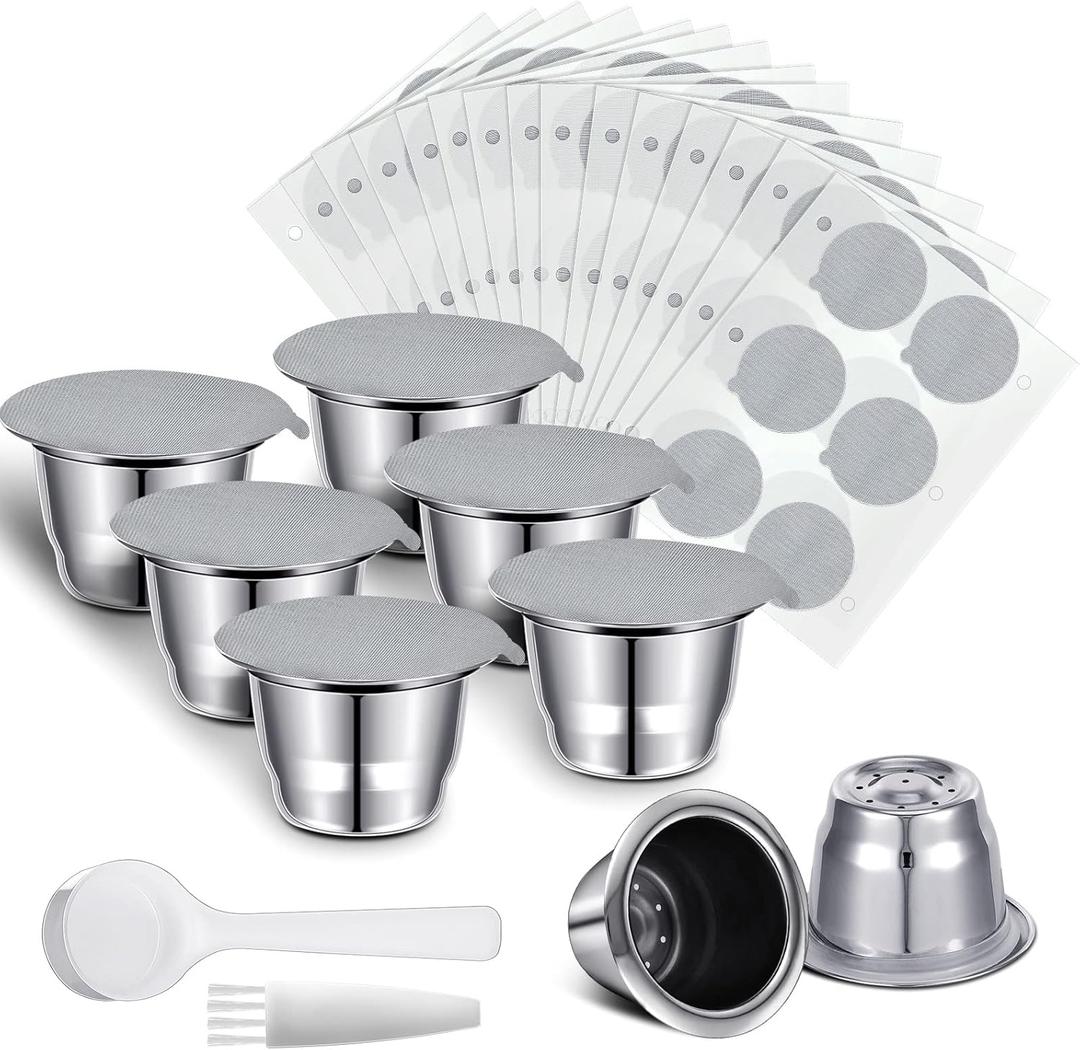 Didaey Reusable Espresso Capsules Stainless Steel Refillable Coffee Pods Reusable Espresso Pods with Aluminum Foil Seals Stickers Lids Compatible with Nespresso Machines (6 Cups, 204 Lids)