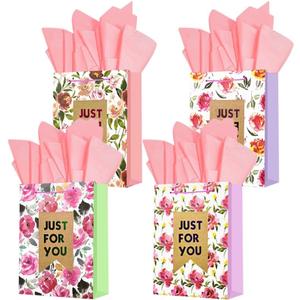 2 x Colodeol 4 Pcs 12.8" Mother's Day Bags with Tissue PaperMedium Large Mother's Day Bag with Handles Floral Mother's Paper Treat Candy bags Bulk for Mom Grandma Wife Women