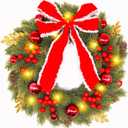 Christmas Wreath 16 Inch Green Artificial Front Door Wreath with Pine Cones Berries Balls LED Fairy Light Decorations for Fireplace Outdoor Indoor Party Wall Home Decor (Red)