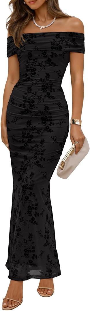 ZESICA Women's Summer Off Shoulder Floral Bodycon Maxi Dress 2026 Ruched Elegant Formal Cocktail Wedding Guest Long Dresses (Black, L)