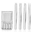 3 x Eyebrow Tweezer Set, 4 Pcs Professional Stainless Steel Tweezers for Women, Precision Tweezer for Facial Hair, Splinter and Ingrown Hair RemovalBright silver