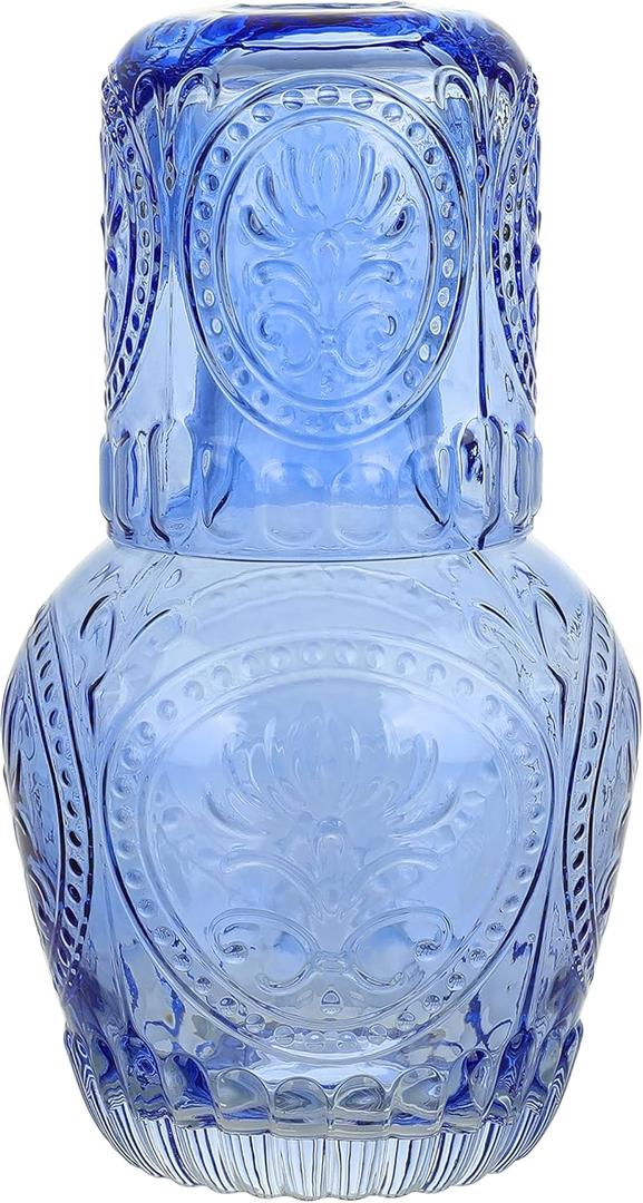 elle decor 2 Pc Carafe Set | Bedside Night Water Carafe | Glass Pitcher and Cup that Doubles as a Lid | Glass Tumbler Perfect for Storing Water, Juice, and Other Drinks on Desktop/Shelf (Blue)