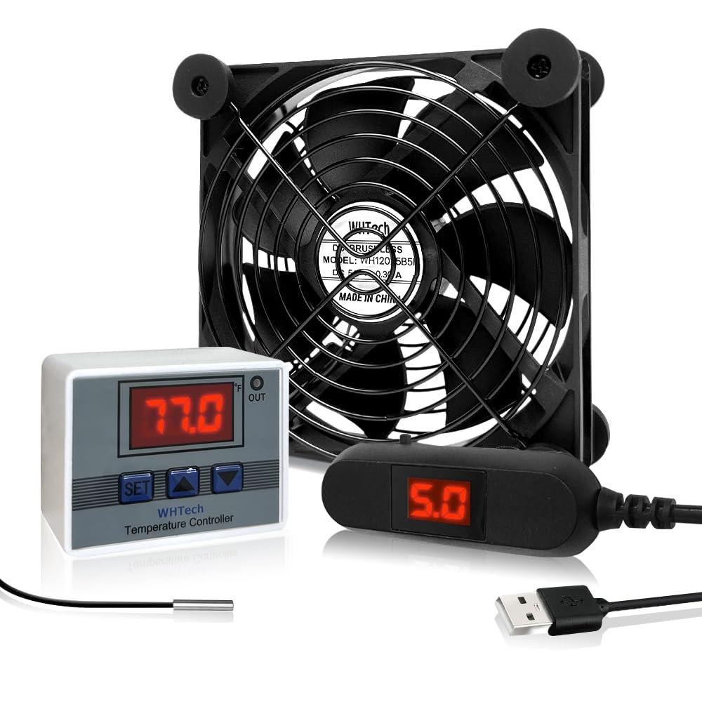 WHTech 120mm USB Fan with Temperature Controller & LED Voltage Display Speed Controller, 5V DC 120mm x 25mm, for Receiver DVR PlayStation Xbox Computer Cabinet Cooling