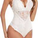 Avidlove Women Snap Crotch Lingerie Sexy Lace Bodysuit Deep V Teddy One Piece Lace Babydoll (Medium, Cream White-(with Snap Crotch))