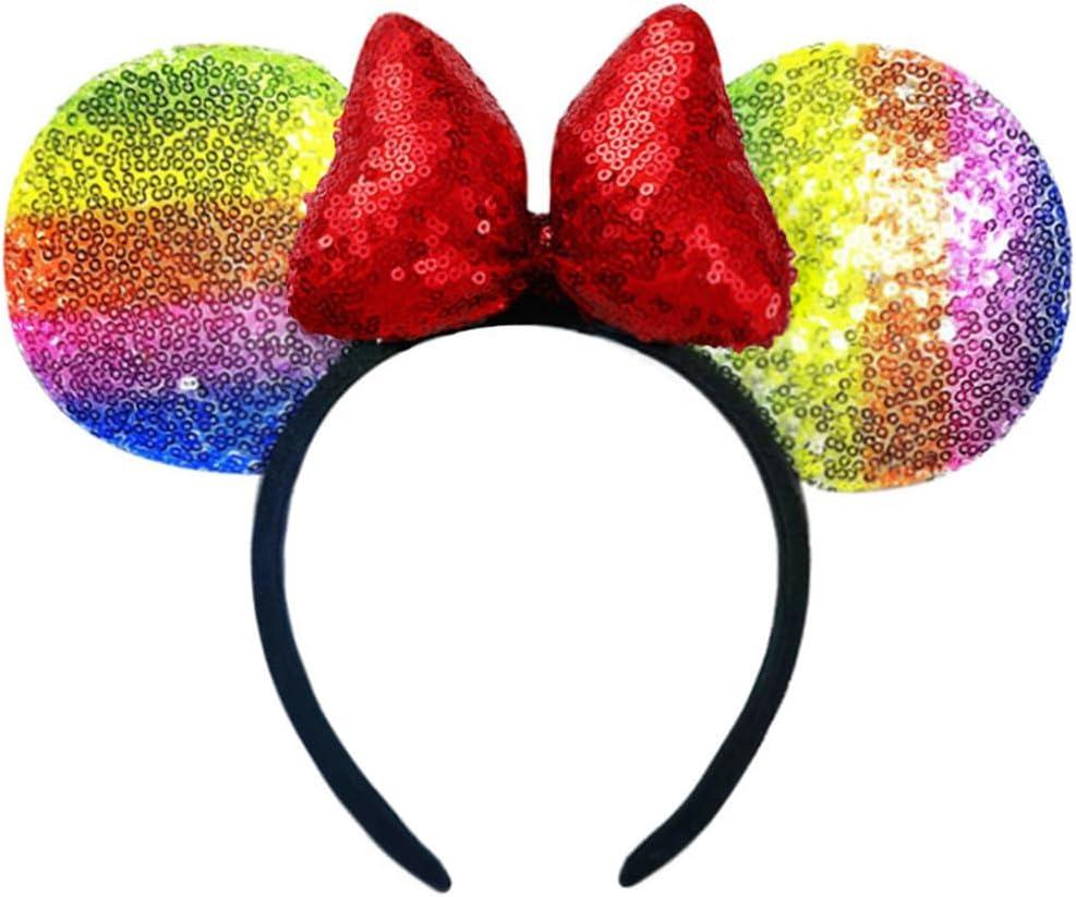 3D Mouse Sequin Ears Headband, Glitter Sequin Bow Hairbands Costume Headwear Hairs Accessories for Women Girls Kids(Colorful/Red), NV104-CR-RD