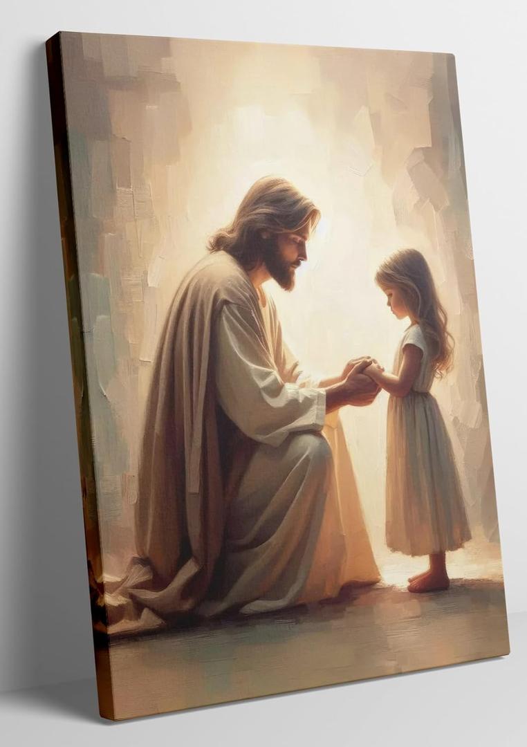 6 x Jesus with Girl praying Wall Art Jesus with Children wall decor God painting Christian picture Bible Story Posters Prints Religious Faith Artwork for Kids Room Church Home Decoration,12x16in
