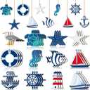 Tradder 36 Pcs Beach Wooden Ornaments for Tree Nautical Hanging Decorations Wood Beach Tree Ornaments Mini Anchor Sea Life Starfish Sailboat Coastal Decor for Summer Home Fishing Net Craft Sailor Gift