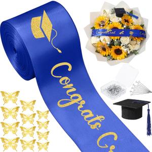Zeyune 114 Pcs 2026 DIY Graduation Bouquet Set Blue Ribbon with Glitter Gold Congrats Grad Mini Graduation Caps with Tassel Gold Butterfly Decor Diamond Pins for Graduate DIY Flower Gift