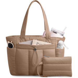 TOPDesign Puffy Tote Bag for Women with Cup Holder & Laptop Compartment & Cosmetic Bag & Trolley Sleeve for Work, Travel (Medium, Khaki)