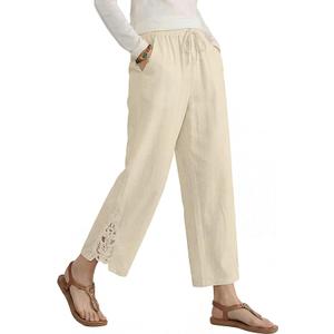 Auravista Women Casual Lightweight Drawstring Elastic Waist Pants with Pocket Linen Capri Pants Summer Beachwear White, M