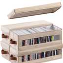 4 Packs CD Storage Box with Visible Window, Stackable CD Case Holder with Dustproof Lid and Handles, Holds Up to 148 CDs in Full Jewel Cases-15.75 x 6.10 x 5.31 Inches-Beige