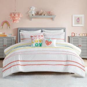 Full Comforter Set, Cotton Comforter Set, Casual Fun Colors Chenille Stripes, All Seasons Fluffy Comforter Bed Set, 2 Shams, 2 Decor Pillows, Haisley, Full/Queen, Pink Multi 5 Piece