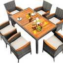 7 Piece Patio Dining Set, Outdoor Rattan Acacia Wood Table and Cushioned Chairs, Conversation Furniture Set for Deck Backyard Lawn Garden