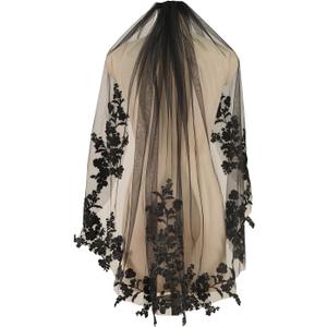 ELAWBTY 1 Tier Fingertip Length Black Lace Wedding Bridal Veils With Metal Comb For Bride M11