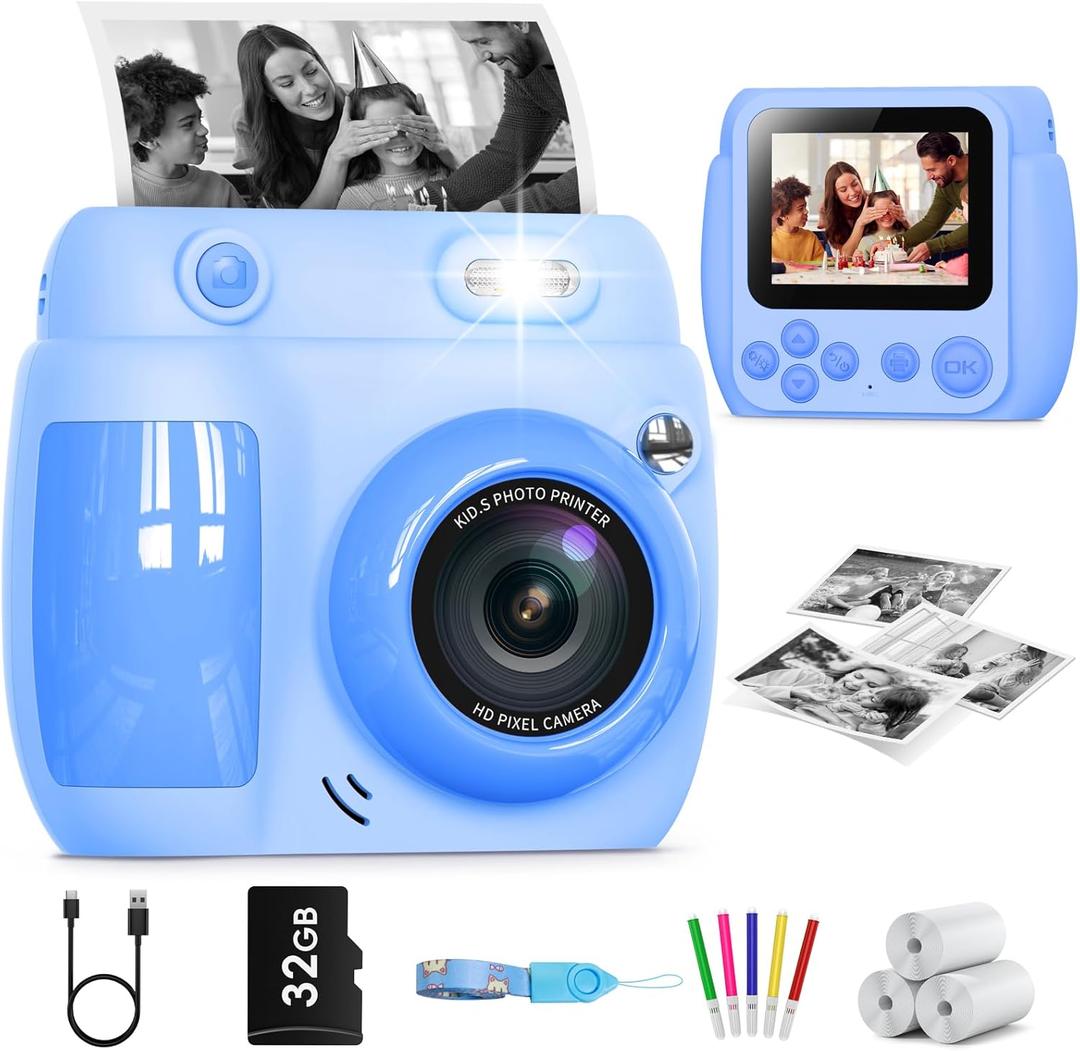 Gofunly Kids Camera Instant Print, Birthday Gifts for Girls Boys with 3 Rolls Print Paper & 32GB Card, 48MP Kids Digital Camera 1080P HD Video Toddler Toy Cameras for 3-12 Years Old, Blue