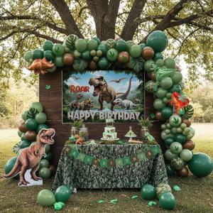 Dinosaur Birthday Party Decorations - Includes Green and brown balloon arch & Small dino Foil balloons & Banner Backdrop Footprint Sticker & for kids Jungle Dinosaurs T-REX ROAR themed party Supplies