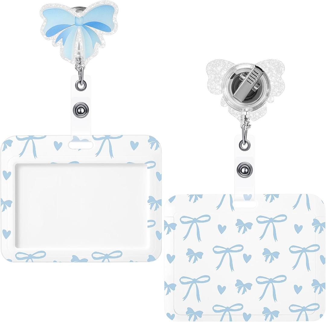 Geyoga Dusty Blue Bow Gifts Set Includes Horizontal ID Badge Holder and Retractable Badge Reel with Alligator Clip Funny Name Tag Card Holder for Worker Doctor Nurse Teacher Office Accessories
