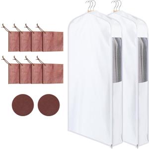 Briwooody 2 Sets Long Cotton Breathable Garment Bags with Cedar Blocks, Moth Proof Bags for Hanging Clothes Gowns Dress Coats Uniforms, Closet Storage, Clothing Protector (40 x 24 x 6 Inch,White)