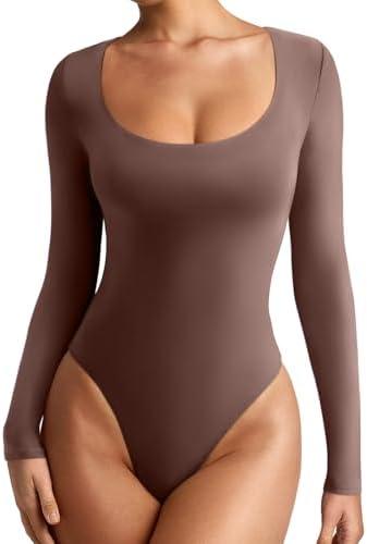 REORIA Women's Sexy Basic Scoop Neck Long Sleeve Double Lined Layering Slim Bodysuit Tops. Size M.