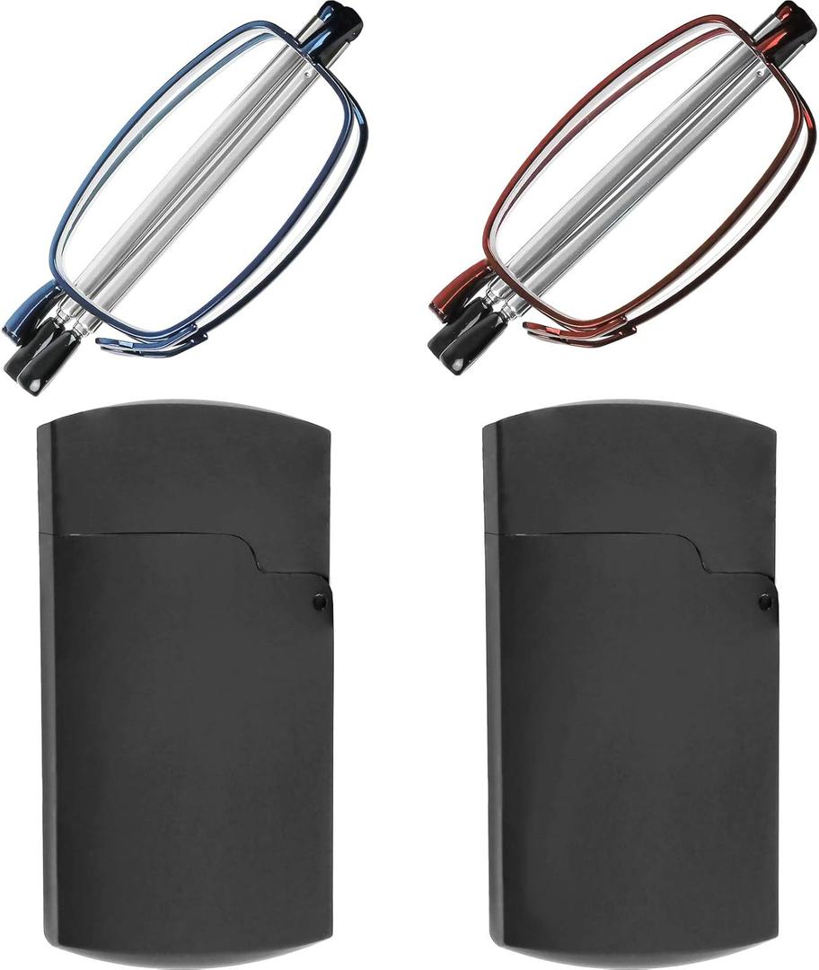 Success Eyewear Reading Glasses 2 Pair Black and Gunmetal Readers Compact Folding Unisex Glasses for Reading Case Included (Bundle: Set of Blue and Burgundy With 2 Black Cases)