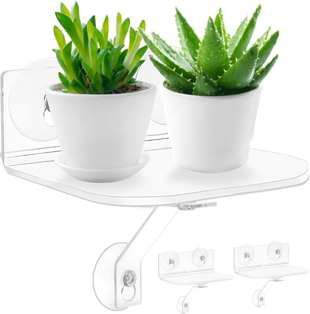 Skewo 2-Pack Acrylic Window Plant Shelves with Suction Cups & Support Brackets - Rectangle Window Sill Extender for Herb Pots, Succulents, Flower Boxes, Micro Greens | Indoor/Outdoor Use