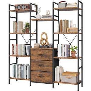 Triple Bookshelf with 3 Fabric Drawers, 4-Tier Book Shelf and 10 Display Shelves, Industrial Large Bookcase for Home & Office, Rustic Brown, 47'' Wide