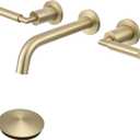 RBROHANT Gold Wall Mount Faucet with Pop up Drain Set for Sink Without Overflow, Brushed Gold Dual Handle Wall Mounted Bathroom Sink Faucet, Brass Rough-in Valve Included, RB0736D