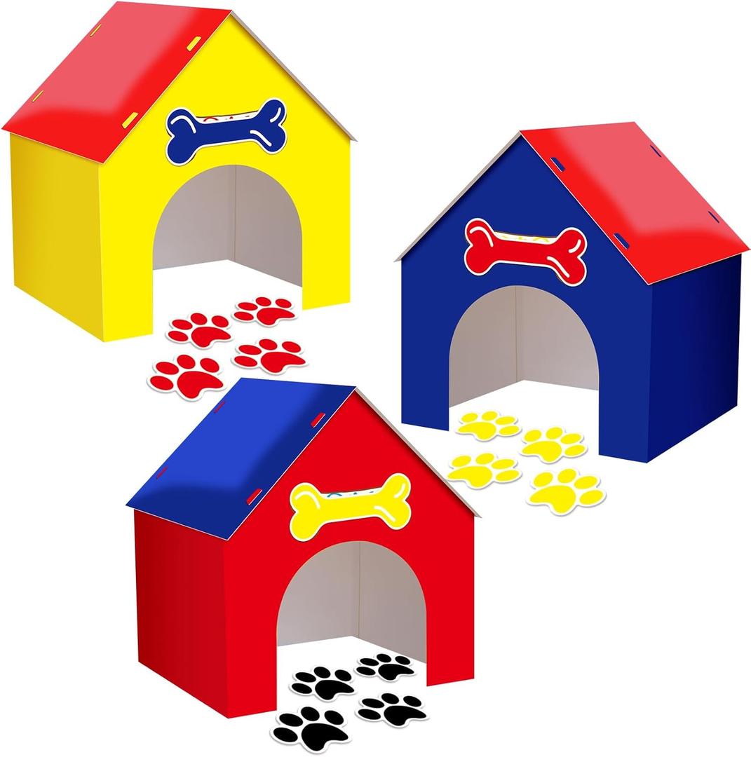 3 Set Dog Paw Birthday Party Decorations Red Yellow Blue House with Bone and Paw Sticker for Dog Party Supplies Puppy Photo Booth Props