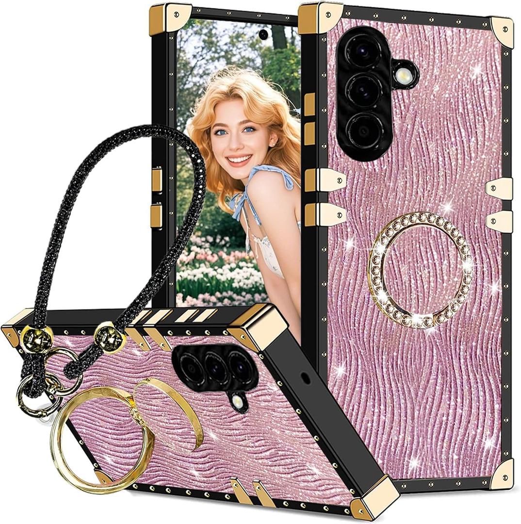 for Samsung Galaxy A26 Case with Wrist Strap Lanyard for Women, Water Ripple Design Shockproof Protection Cover with Kickstand for Galaxy A26 SBW-Pink