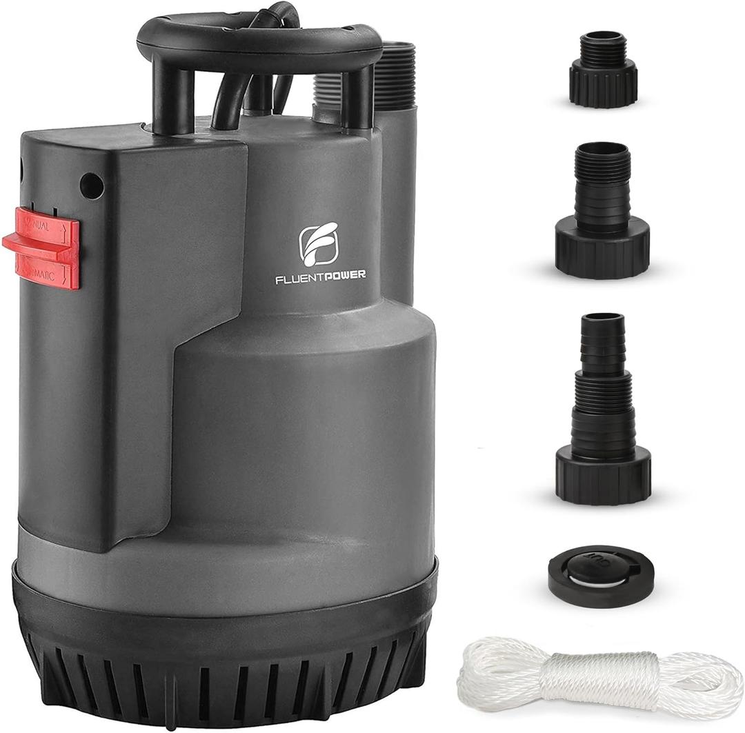 FLUENTPOWER 1/2HP Submersible Sump Pump 2500GPH Utility Water Pump, Auto/Manual Control by Integrated Float Switch, with 16.4 Ft Cord for Pool Tub Garden Pond Flooded Basement Draining