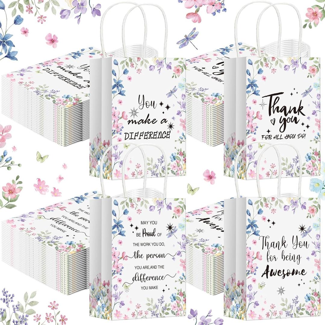 Gueevin 40 Pcs Employee Appreciation Gifts Bulk Thank You Bags CNA Gift Bags Bulk Paper Snack for Staff Teacher Team End of The Year Staff(Floral,White)