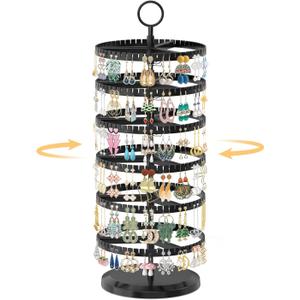 EsLuker.ly Earring Holder Organizer Rotating Stud Display Tree Rack with 342 U-Slots for Women Girls, Large Adjustable 6 Tier Plastic Storage Stand with Metal Tray for Pierced Hoop Post Earring, Black