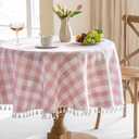 JIALE Gingham Round 60" Tablecloth Rectangle Cotton Linen Fabric Checkered Table Cloth with Tassel Washable Wrinkle Free Buffalo Plaid Table Cover for Birthday Party Picnic Outdoor, Pink