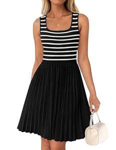 ZESICA Women's Summer Sleeveless Mini Dress 2025 Square Neck Striped Knit A Line Pleated Tank Dresses, 
