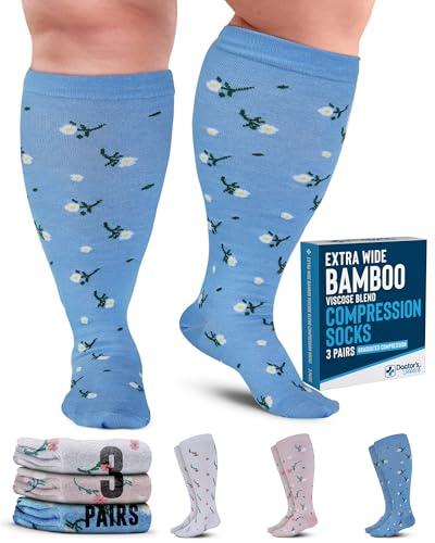 Doctor's Select 3 Pairs Plus Size Compression Socks Wide Calf | Bamboo Viscose Knee High Socks | Extra Wide Calf | Peach, White, Light Blue (Flowers)Pnk/4XL