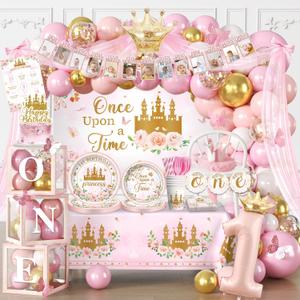 258 PCS Princess First Birthday Decorations, Once Upon A Time Birthday Party Pack Serves 25, with Balloon, Banner, Backdrop, Plates and Napkins, for Girl's First Birthday