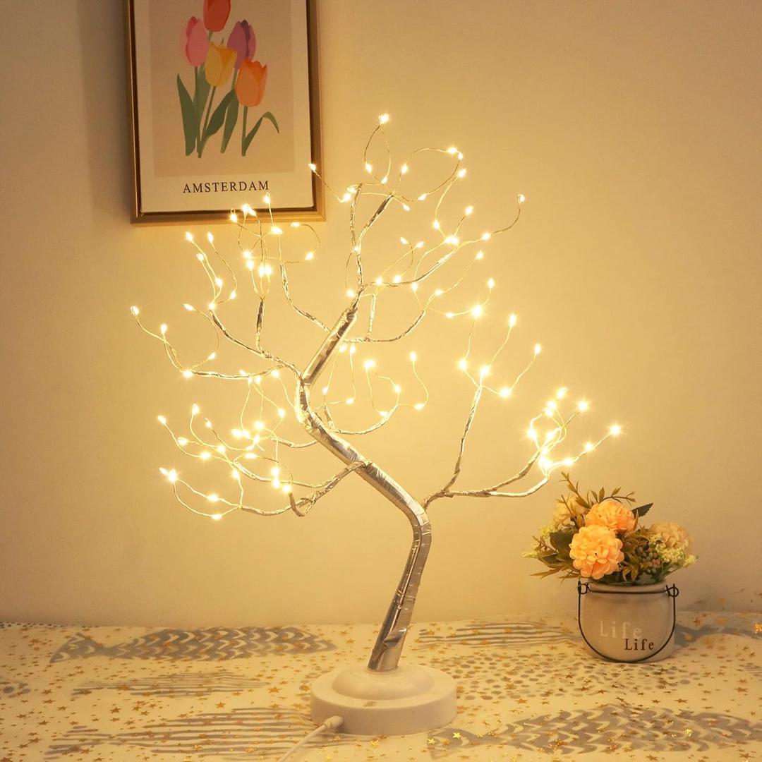 Fairy Light Tree 108 Led Twinkle Tree Fairy Light Spirit Tree Lamp Battery/USB Operated 6 Hours Timer Function with 8 Lighting Mode Silver Adjustable Branches Home Decoration(Warm White)